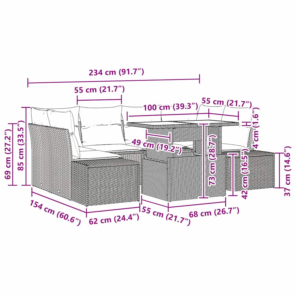 Bankstel 7 st Beige en Crème poly rattan