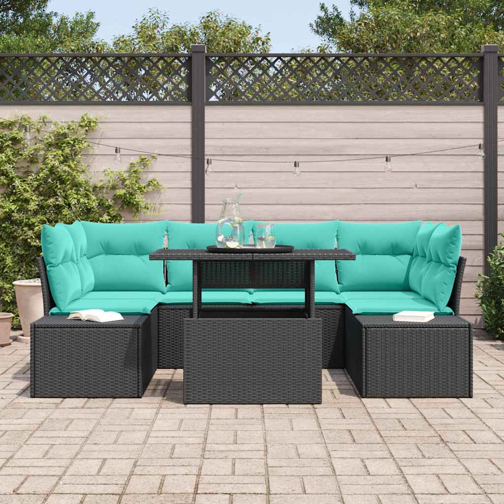 Bankstel 7 st 6-Aantal zitplaatsen Zwart en Blauw poly rattan
