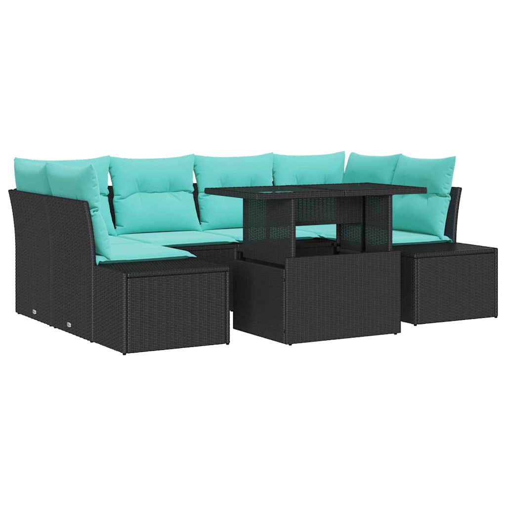 Bankstel 7 st 6-Aantal zitplaatsen Zwart en Blauw poly rattan