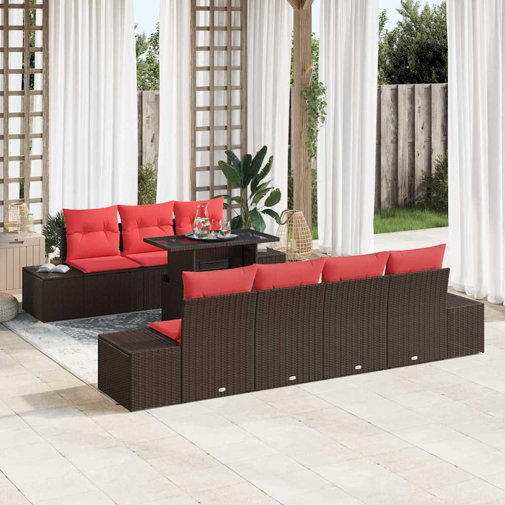 Bankstel 8 st 7-Aantal zitplaatsen Bruin en Rood poly rattan
