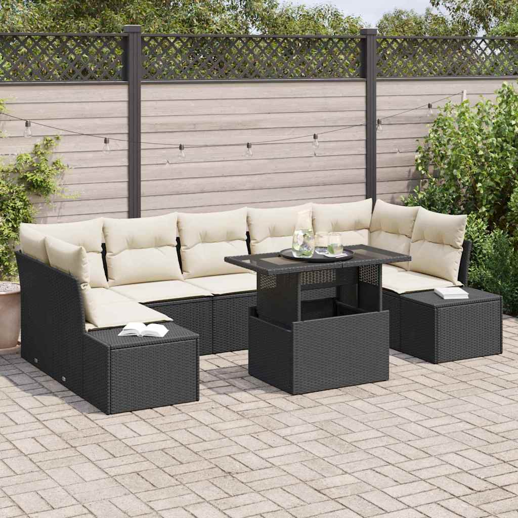 Bankstel 8 st Zwart en Crème poly rattan