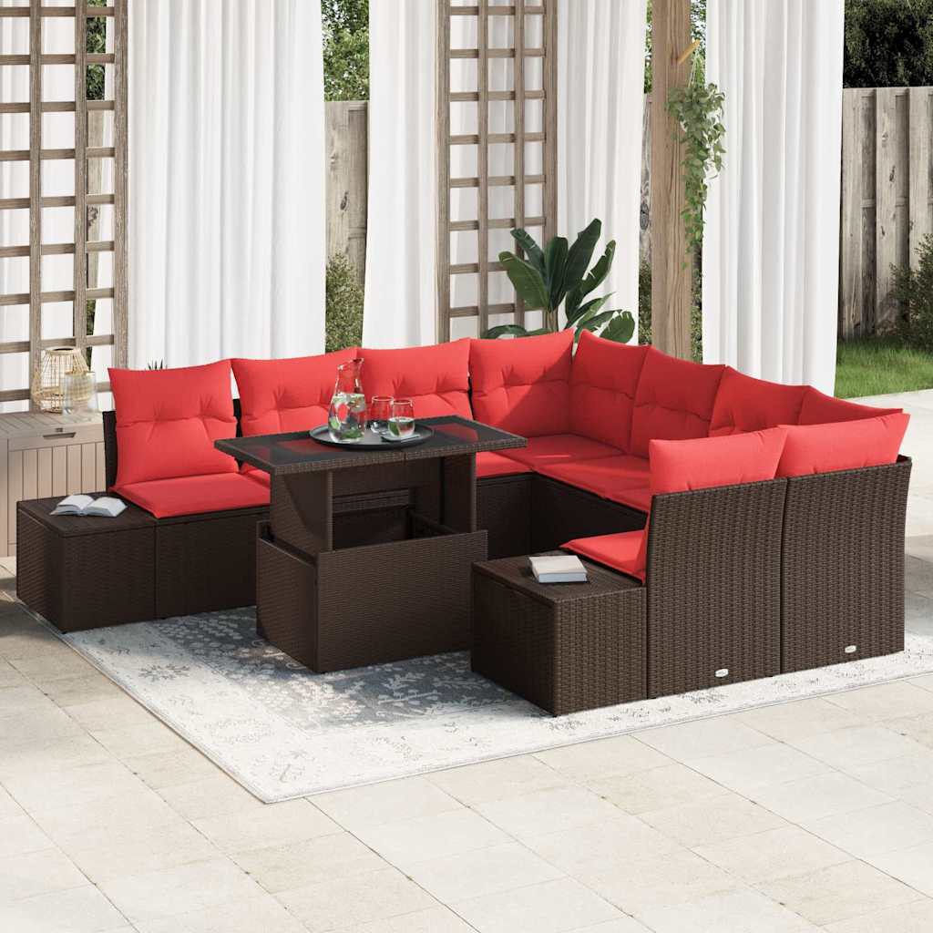Tuin Sofa Set 9 st 8-Aantal zitplaatsen Bruin en Rood
