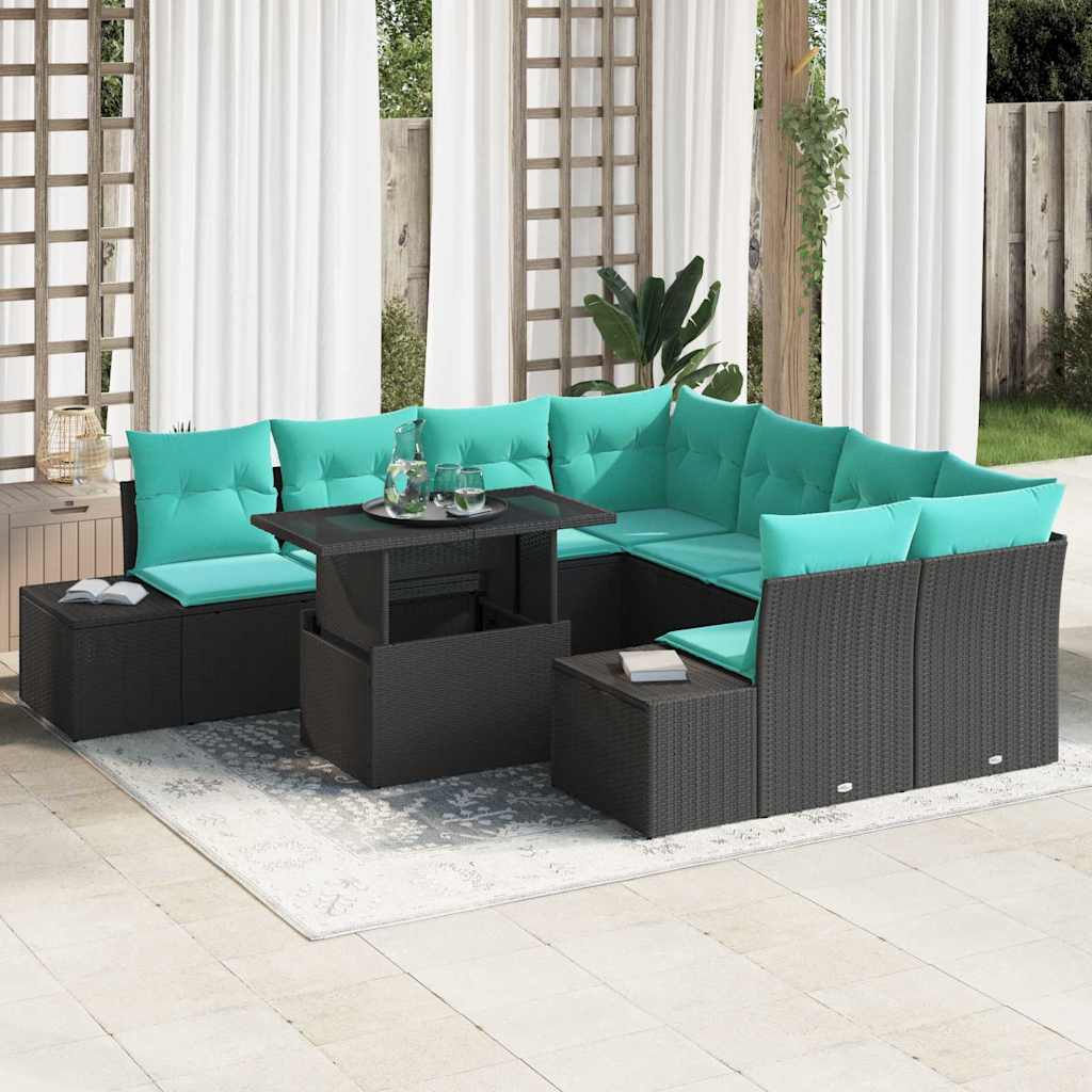 Tuin Sofa Set 9 st 8-Aantal zitplaatsen Zwart en Blauw