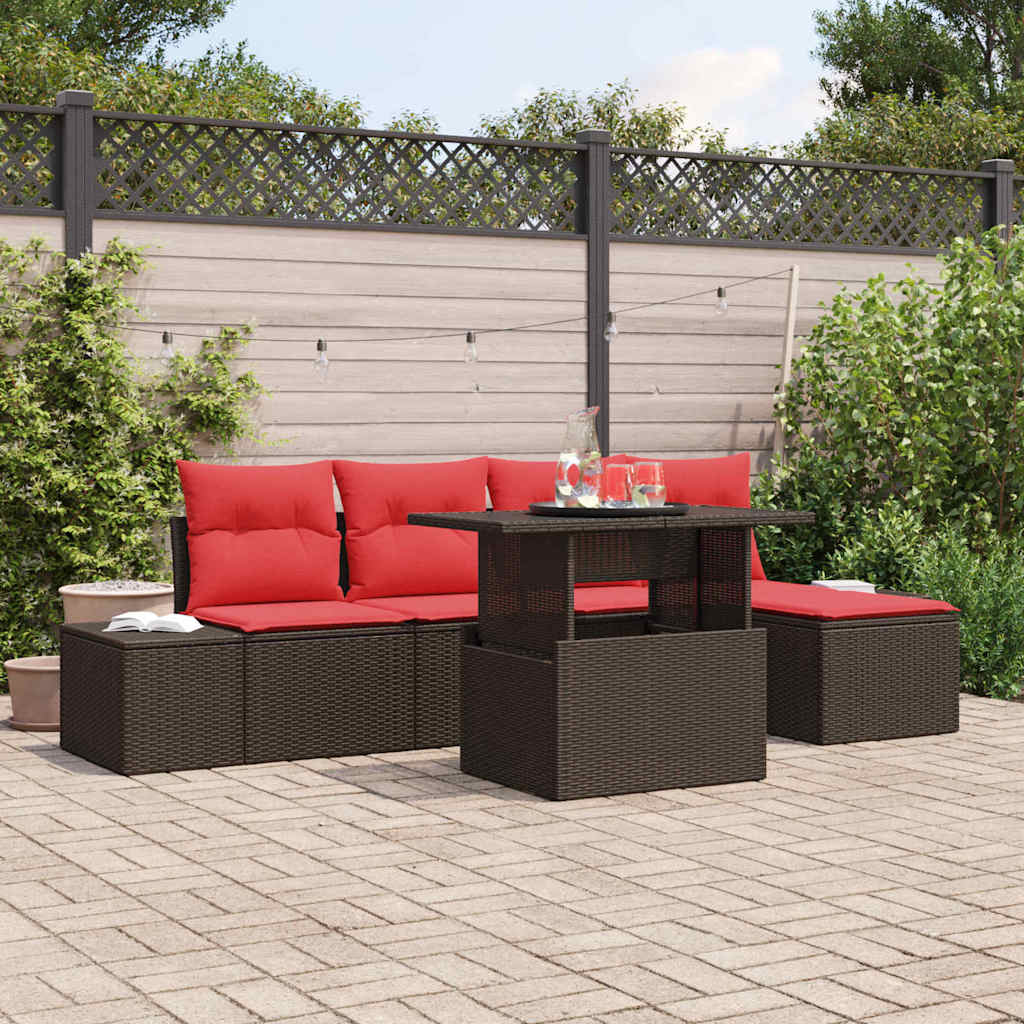 Tuin Sofa Set 6 st Bruin en Rood poly rattan