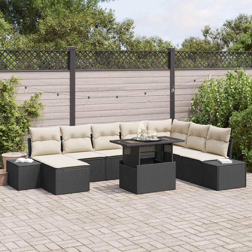 Tuin Sofa Set met kussen 9 pcs Zwart en Crème poly rattan