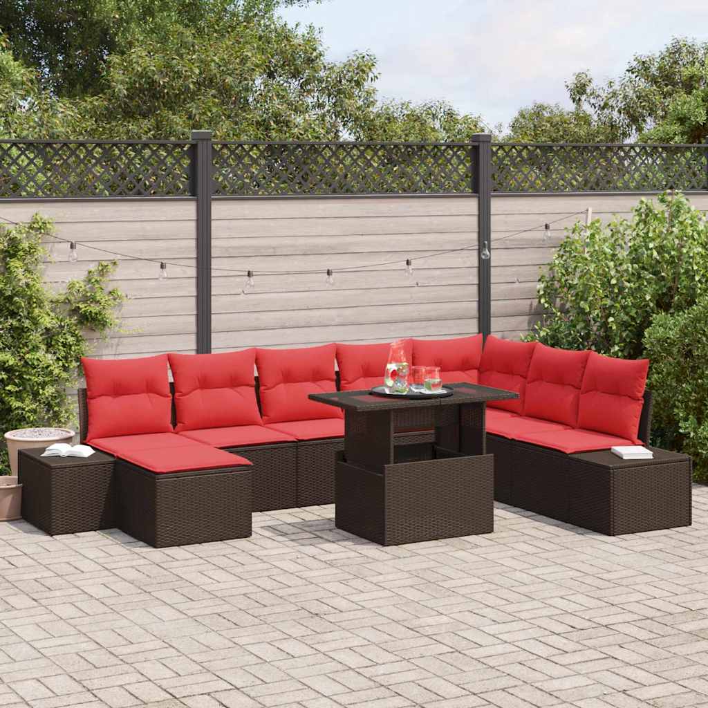 Tuin Sofa Set 9 st Bruin en Rood poly rattan