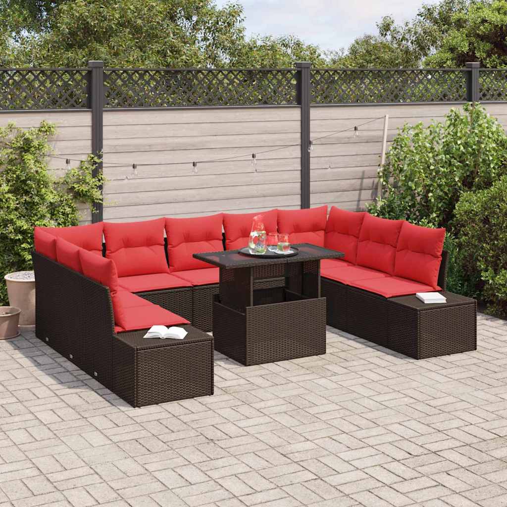 Tuin Sofa Set 10 st Bruin en Rood poly rattan