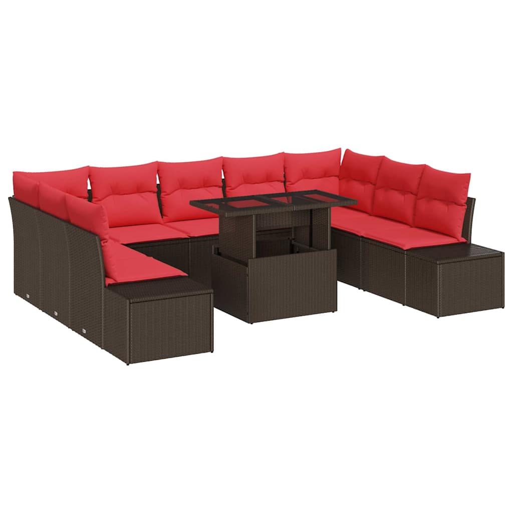 Tuin Sofa Set 10 st Bruin en Rood poly rattan