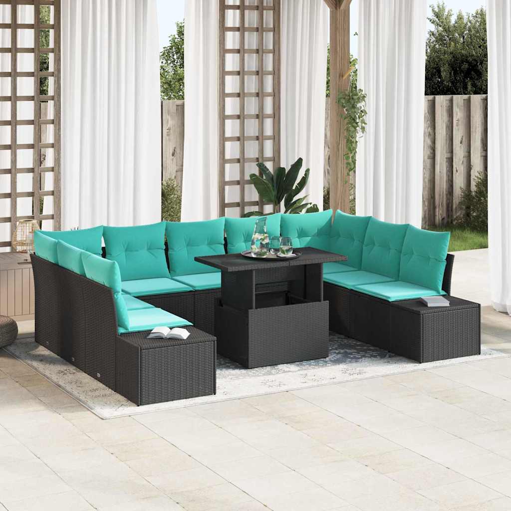 Tuin Sofa Set 10 st Zwart en Blauw poly rattan