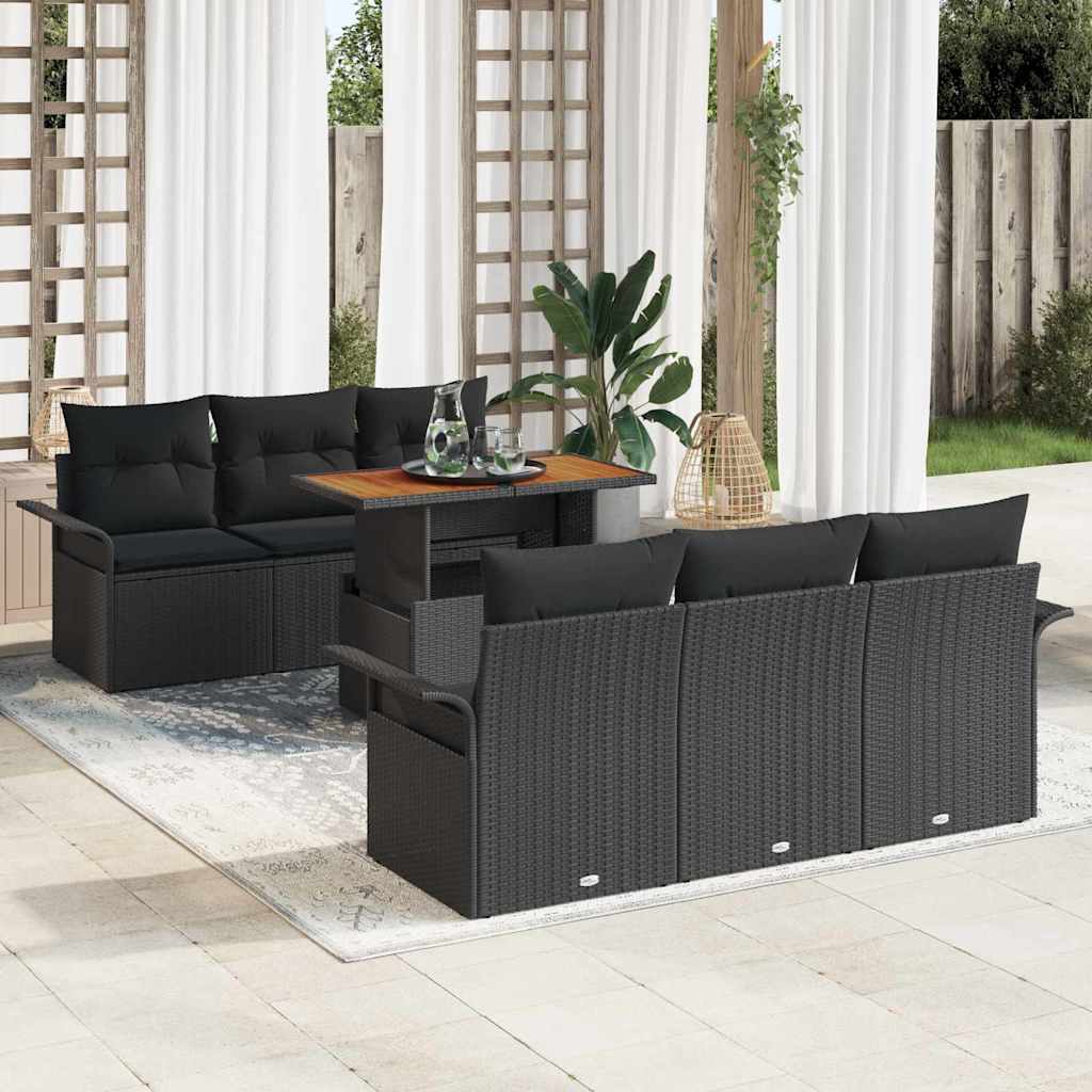 Tuin Sofa Set 7 st Zwart Poly rattan en gepoedercoat staal