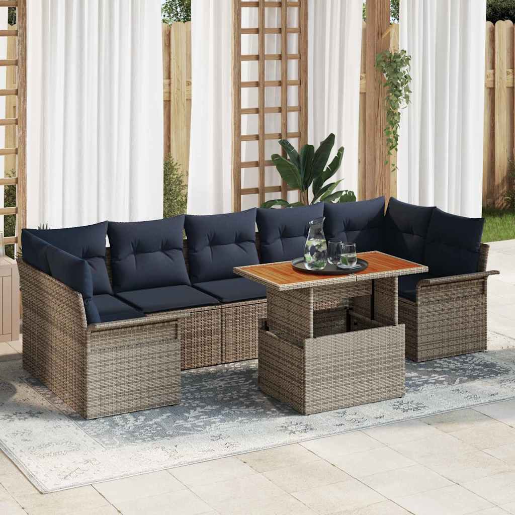 Tuinbankenset 8 st Grijs en Marineblauw poly rattan