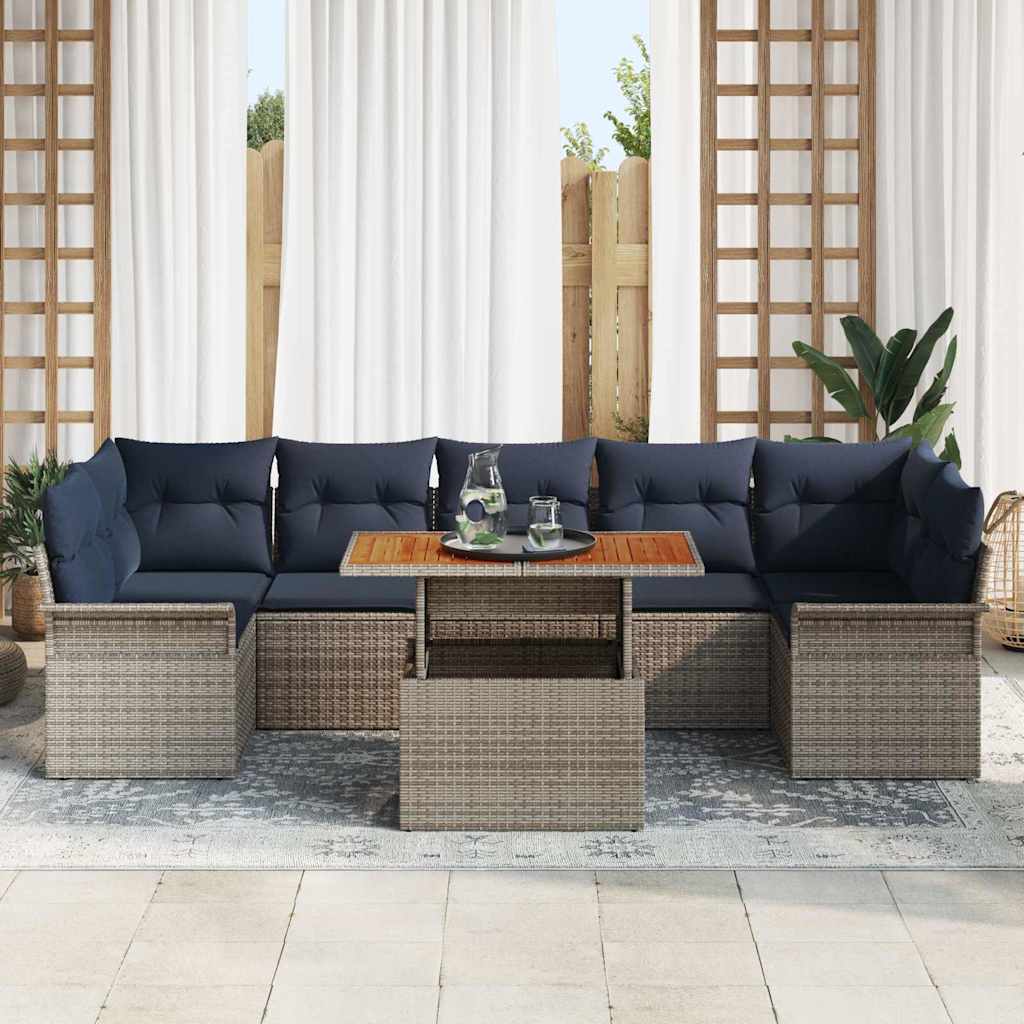 Tuinbankenset 8 st Grijs en Marineblauw poly rattan
