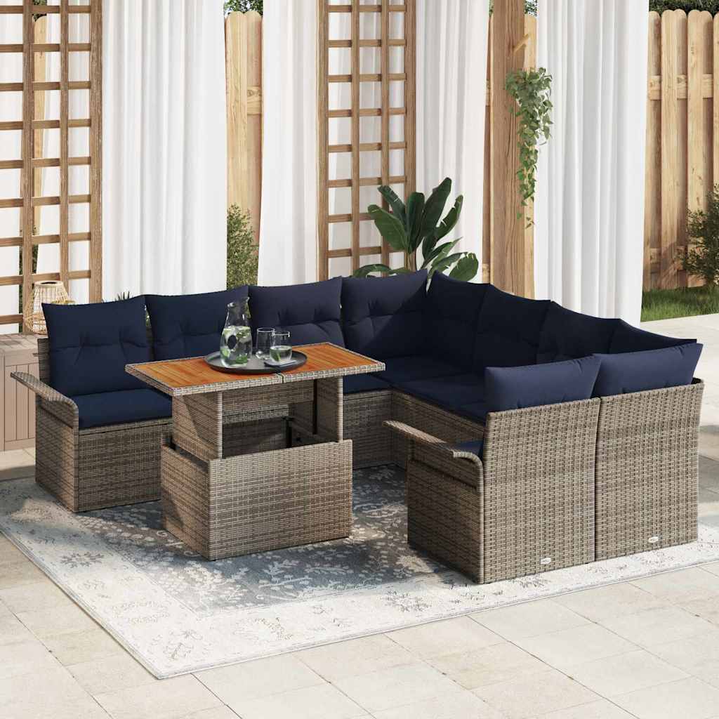 Tuinbankenset 9 st Grijs en Marineblauw poly rattan