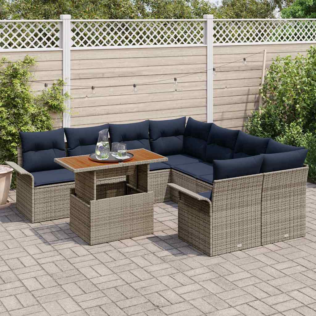 Tuinbankenset 9 st Grijs en Marineblauw poly rattan