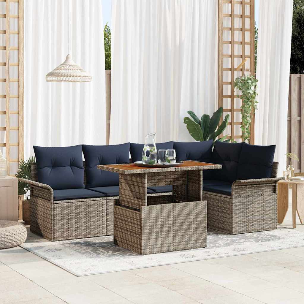 Tuinbankenset 6 st Grijs en Marineblauw poly rattan