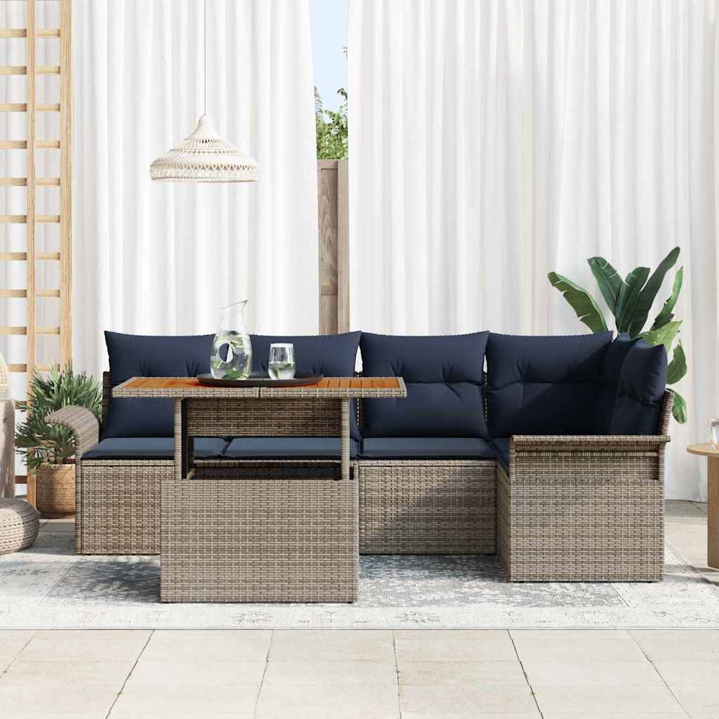 Tuinbankenset 6 st Grijs en Marineblauw poly rattan