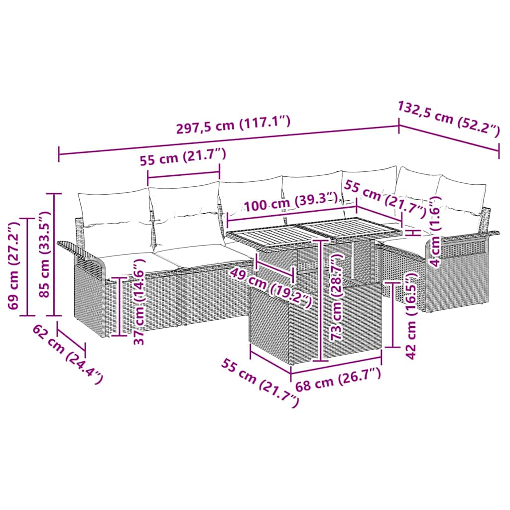 Tuinbankenset 7 st Zwart en Crème poly rattan