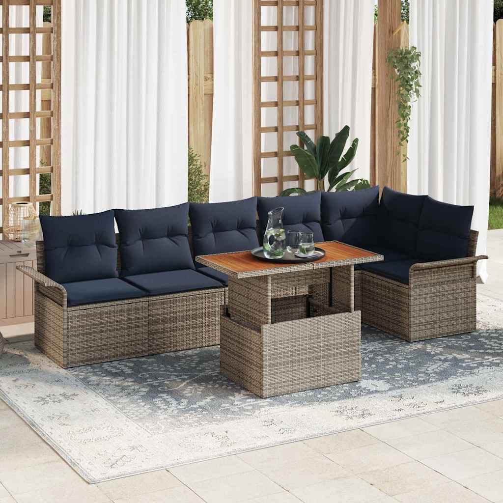 Tuinbankenset 7 st Grijs en Marineblauw poly rattan