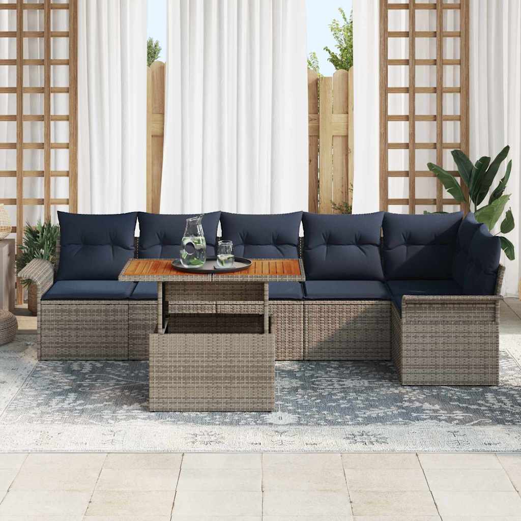 Tuinbankenset 7 st Grijs en Marineblauw poly rattan
