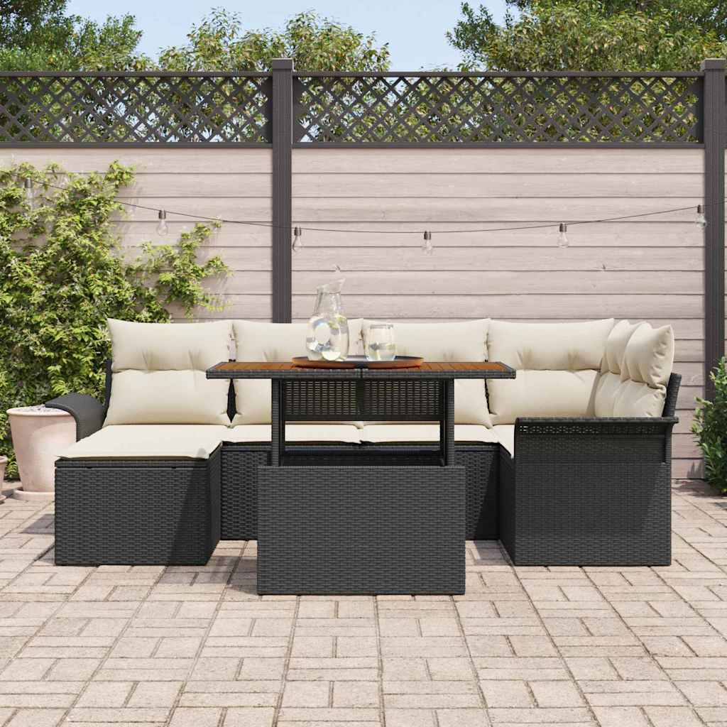 Tuinbankenset met kussen 7 pcs Zwart en Crème poly rattan