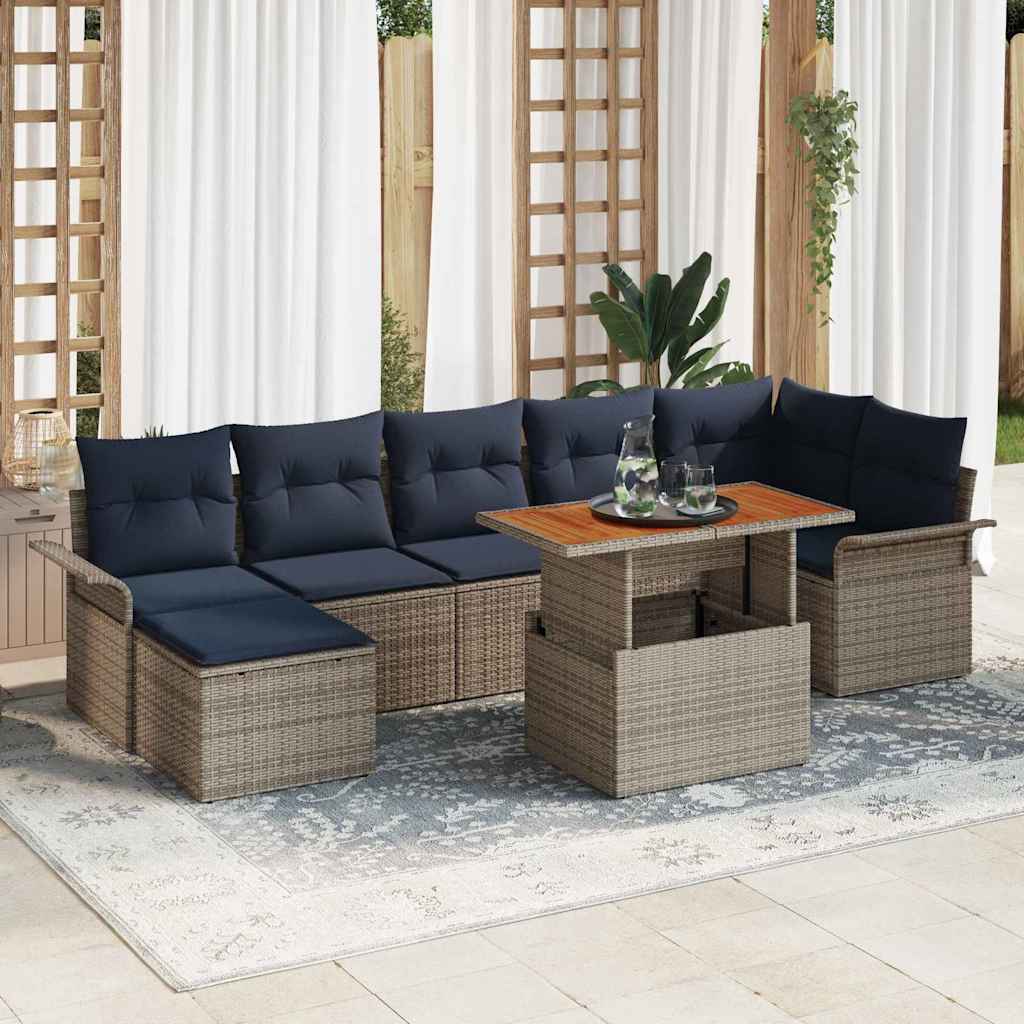 Tuinbankenset 8 st Grijs en Marineblauw poly rattan