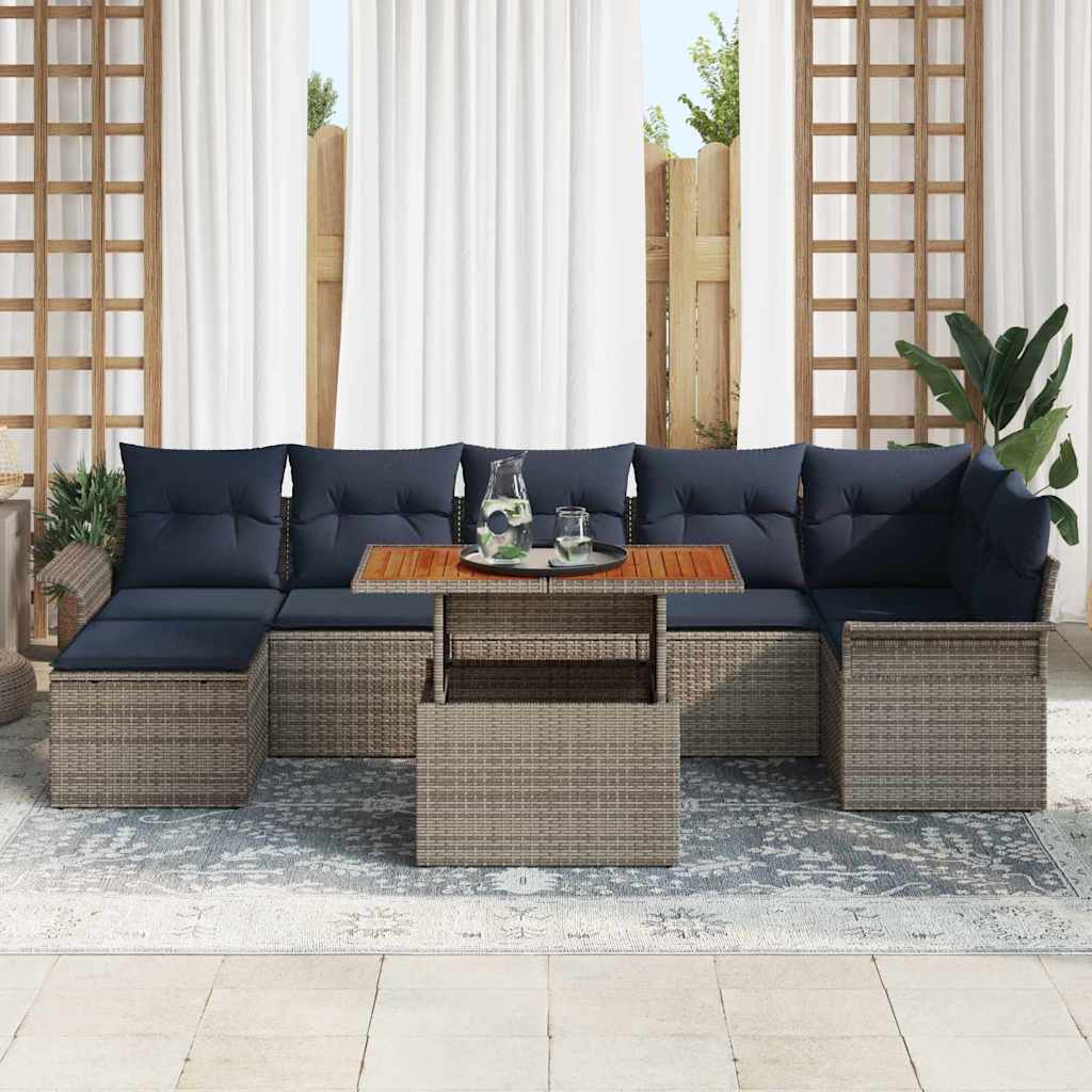 Tuinbankenset 8 st Grijs en Marineblauw poly rattan
