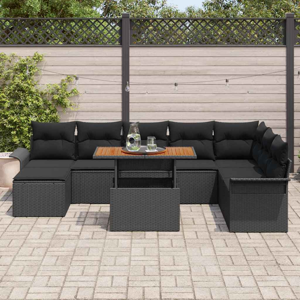 Tuin Sofa Set 9 st Zwart Poly rattan en gepoedercoat staal