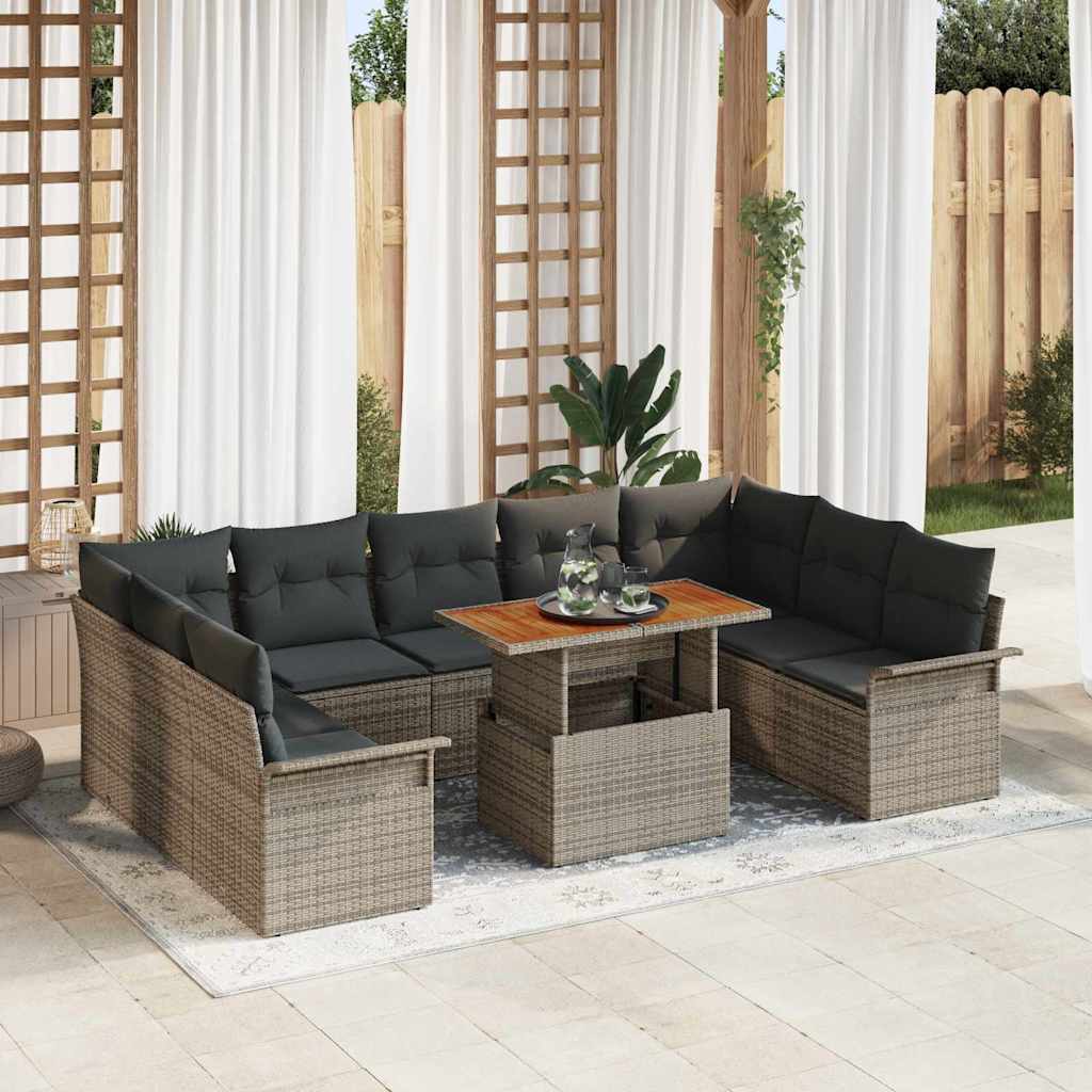 Tuin Sofa Set 10 st Grijs Poly rattan en gepoedercoat staal