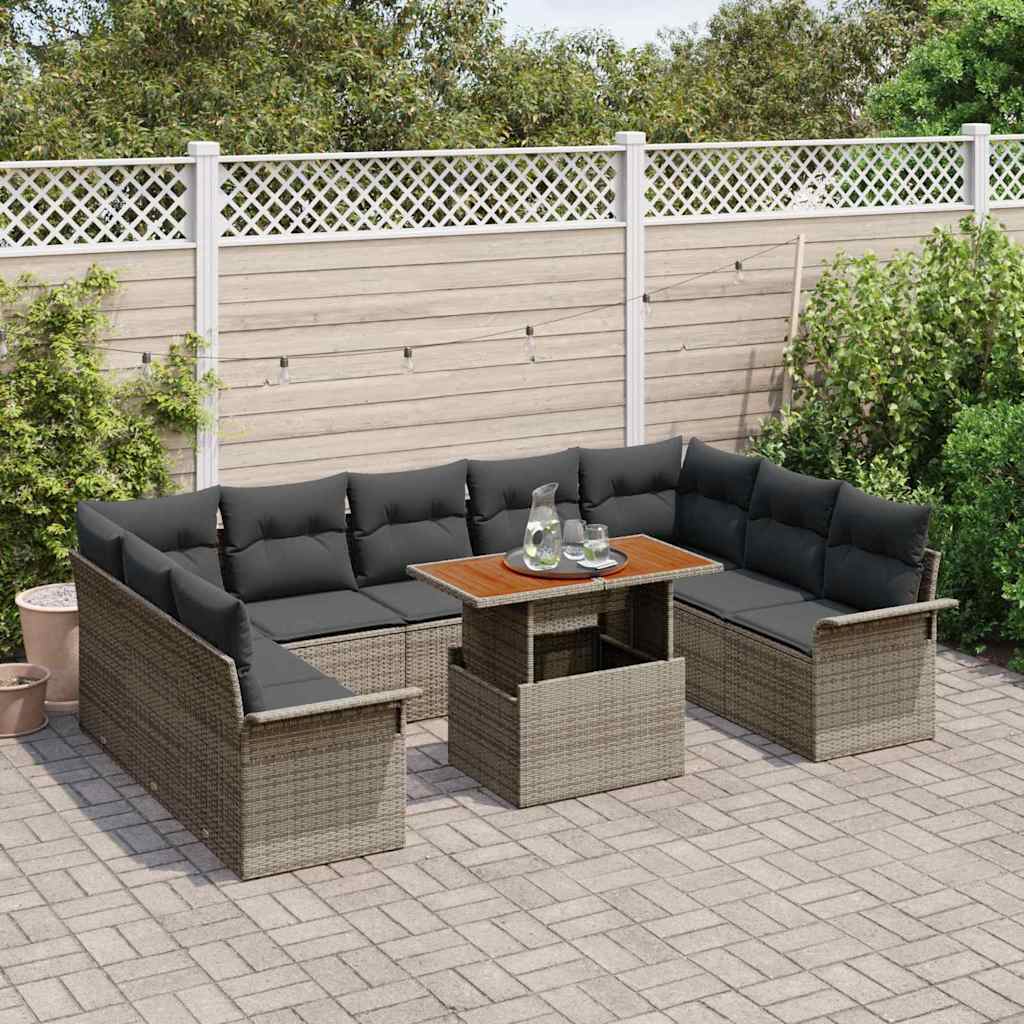 Tuin Sofa Set 10 st Grijs Poly rattan en gepoedercoat staal