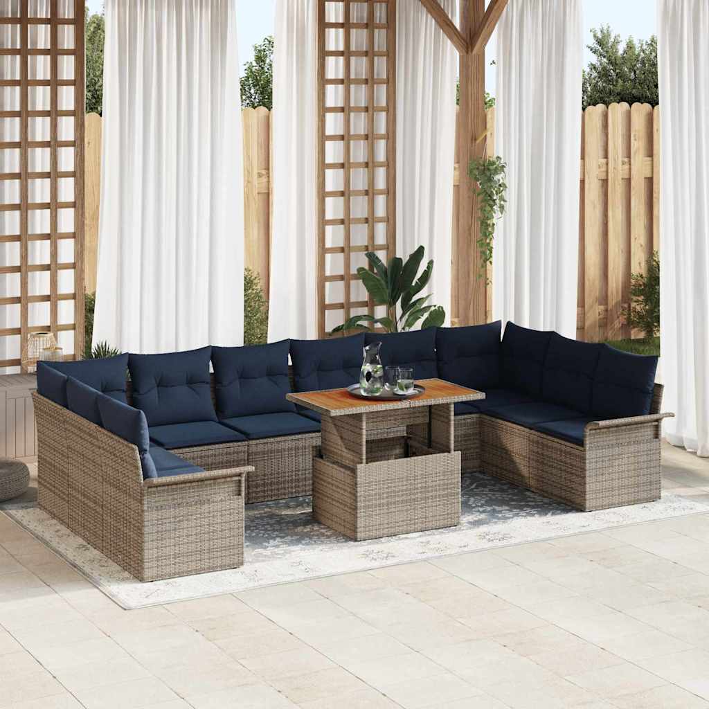 Tuinbankenset 11 st Grijs en Marineblauw poly rattan