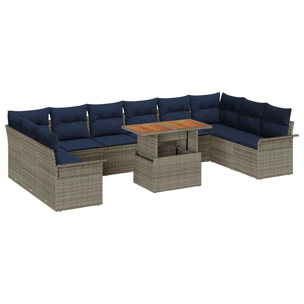 Tuinbankenset 11 st Grijs en Marineblauw poly rattan