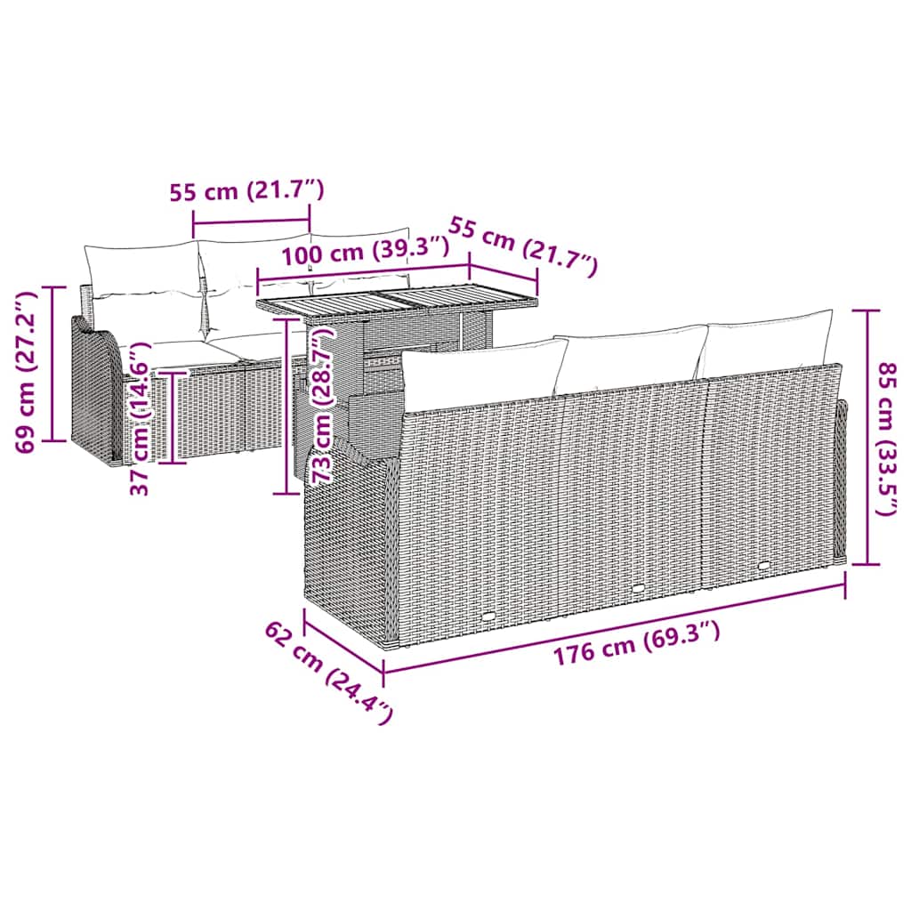 Tuinbankenset 7 st Beige en Licht Grijs poly rattan