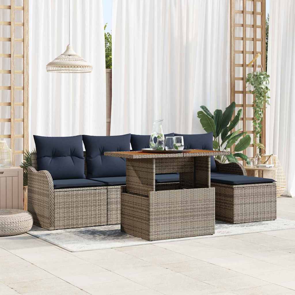 Tuinbankenset 6 st Grijs en Marineblauw poly rattan