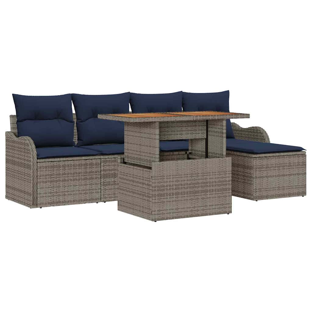 Tuinbankenset 6 st Grijs en Marineblauw poly rattan