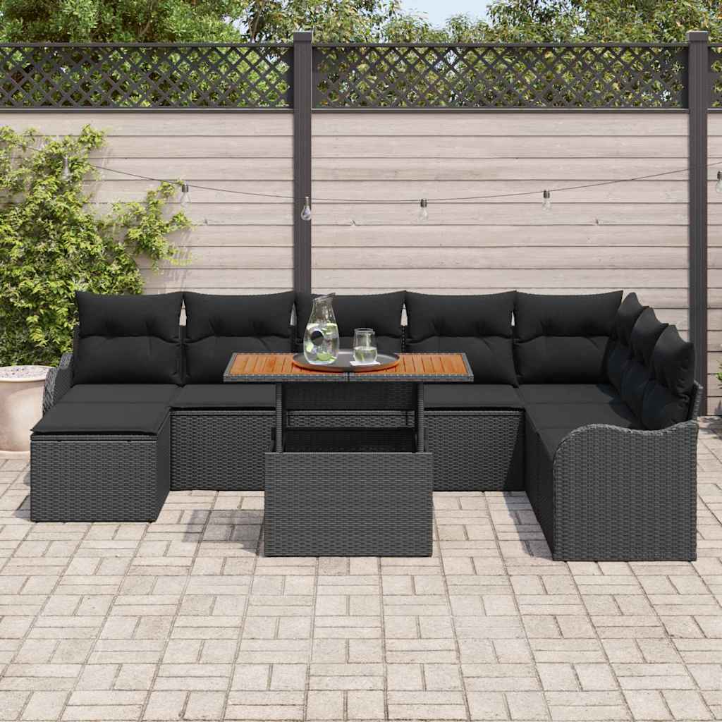 Tuin Sofa Set 9 st Zwart Poly rattan en gepoedercoat staal