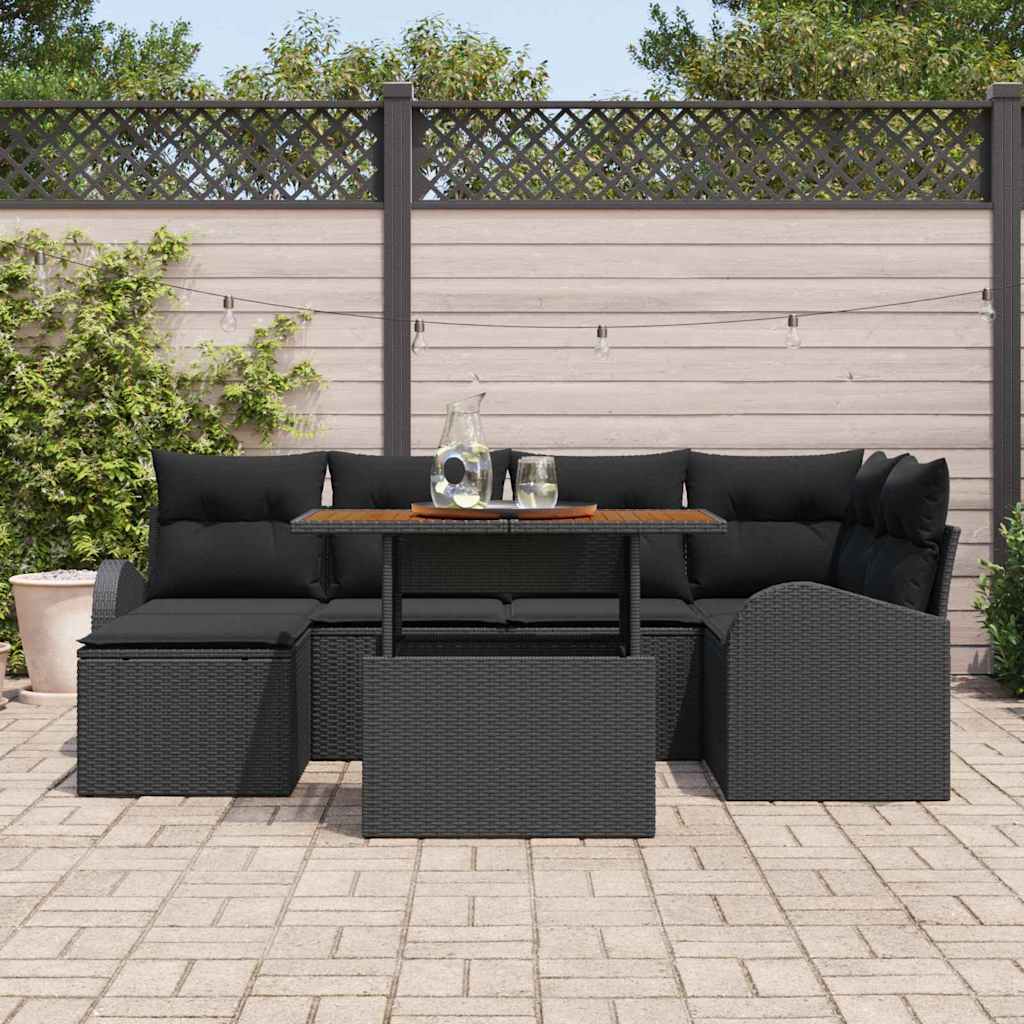 Tuin Sofa Set 7 st Zwart Poly rattan en gepoedercoat staal