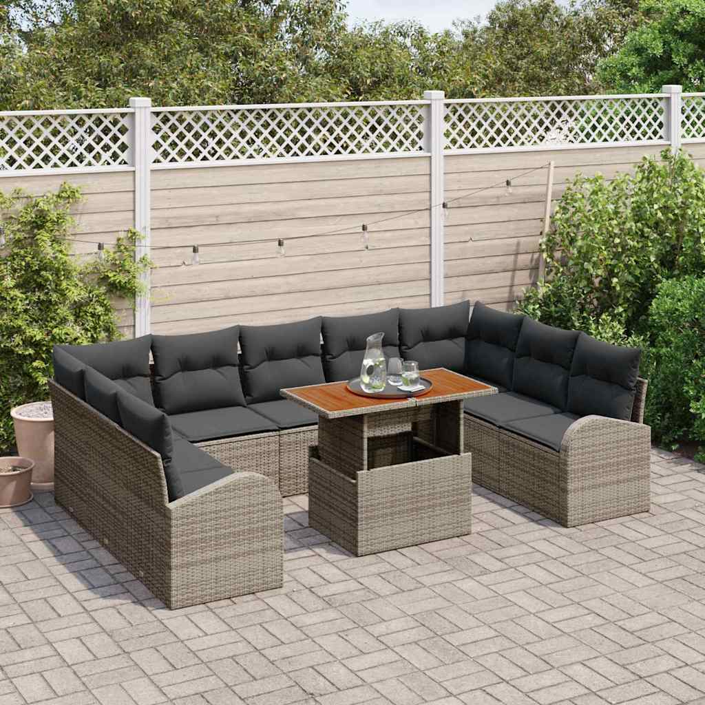 Tuin Sofa Set 10 st Grijs Poly rattan en gepoedercoat staal