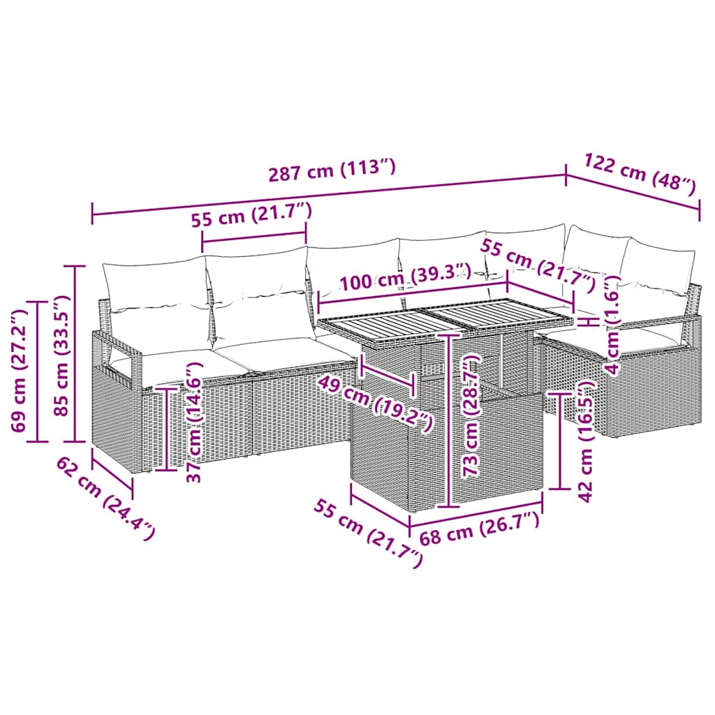Tuinbankenset 7 st 6-Aantal zitplaatsen Beige poly rattan