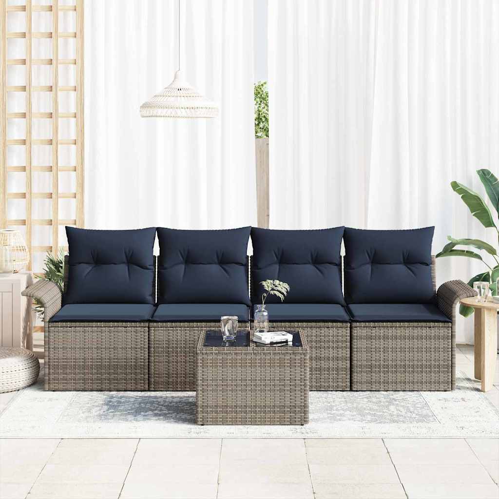 Tuin Sofa Set 5 st Grijs en Marineblauw poly rattan