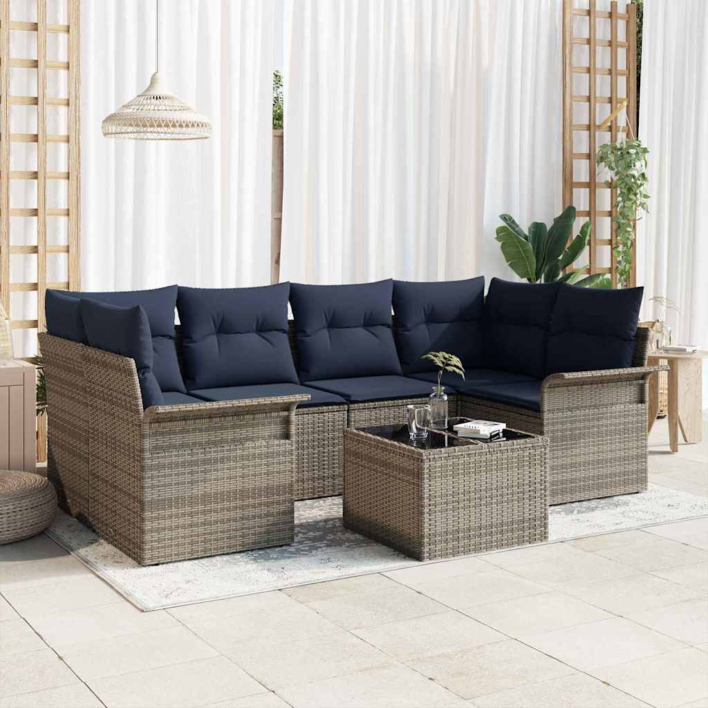 Tuin Sofa Set 7 st Grijs en Marineblauw poly rattan