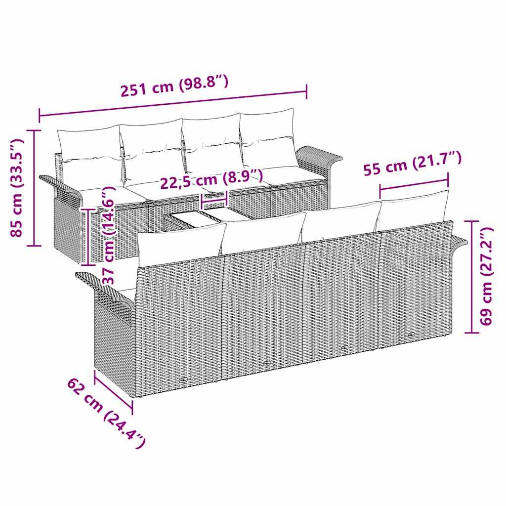 Tuin Sofa Set 9 st 8-Aantal zitplaatsen Grijs poly rattan