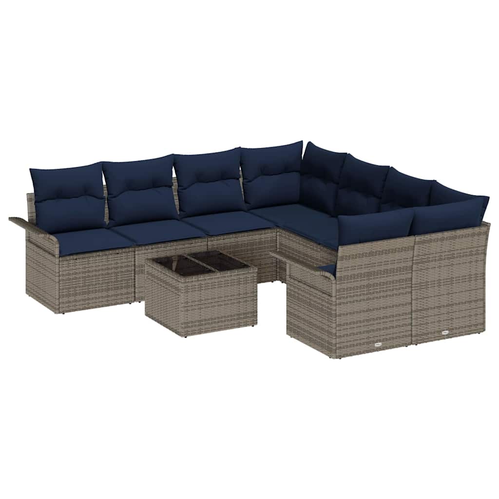 Tuin Sofa Set 9 st Grijs en Marineblauw poly rattan