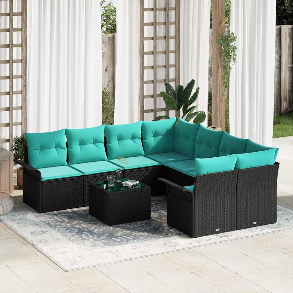 Tuin Sofa Set 9 st Zwart en Turquoise poly rattan