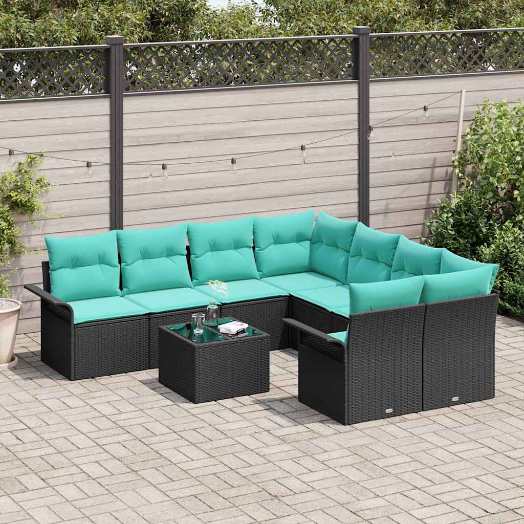 Tuin Sofa Set 9 st Zwart en Turquoise poly rattan