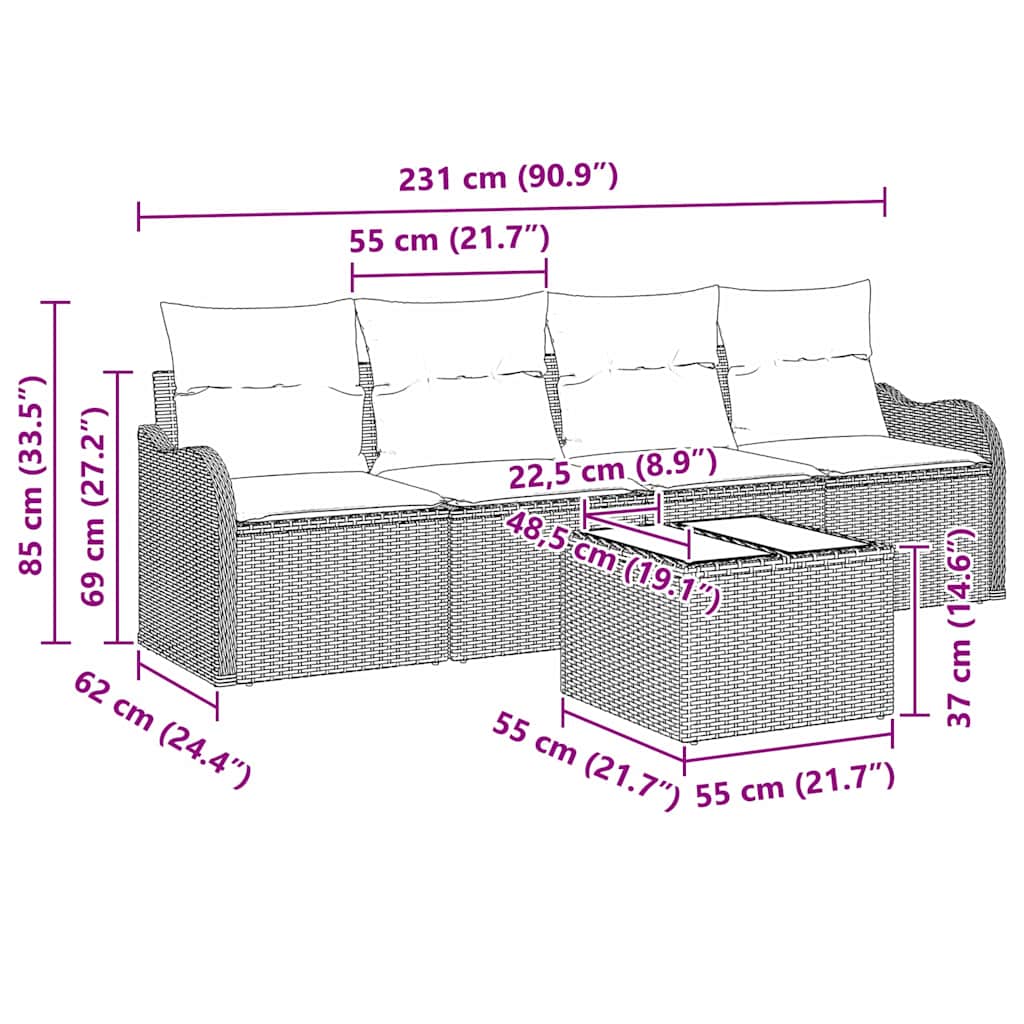 Tuin Sofa Set 5 st 4-Aantal zitplaatsen Zwart en Crème