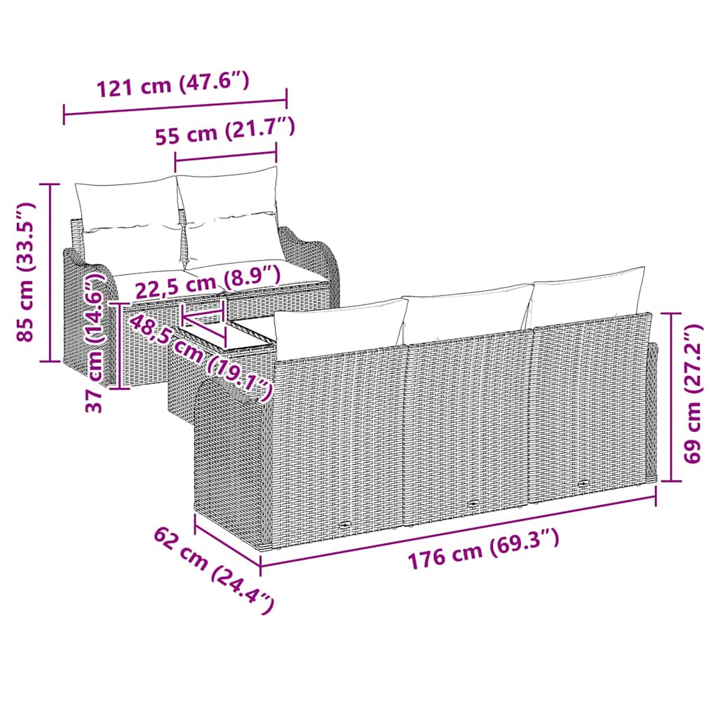 Tuin Sofa Set 6 st 5-Aantal zitplaatsen Grijs poly rattan