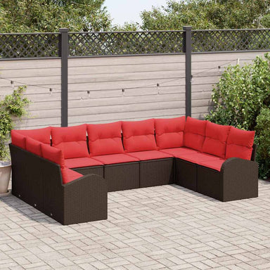 Tuinbankenset 9 st Bruin en Rood poly rattan
