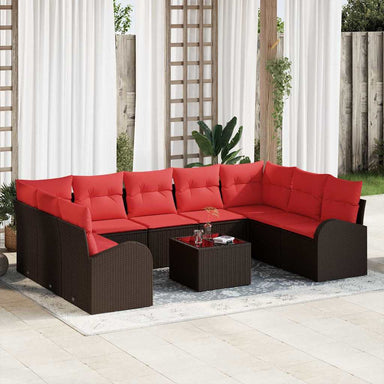 Tuinbankenset 10 st Bruin en Rood poly rattan