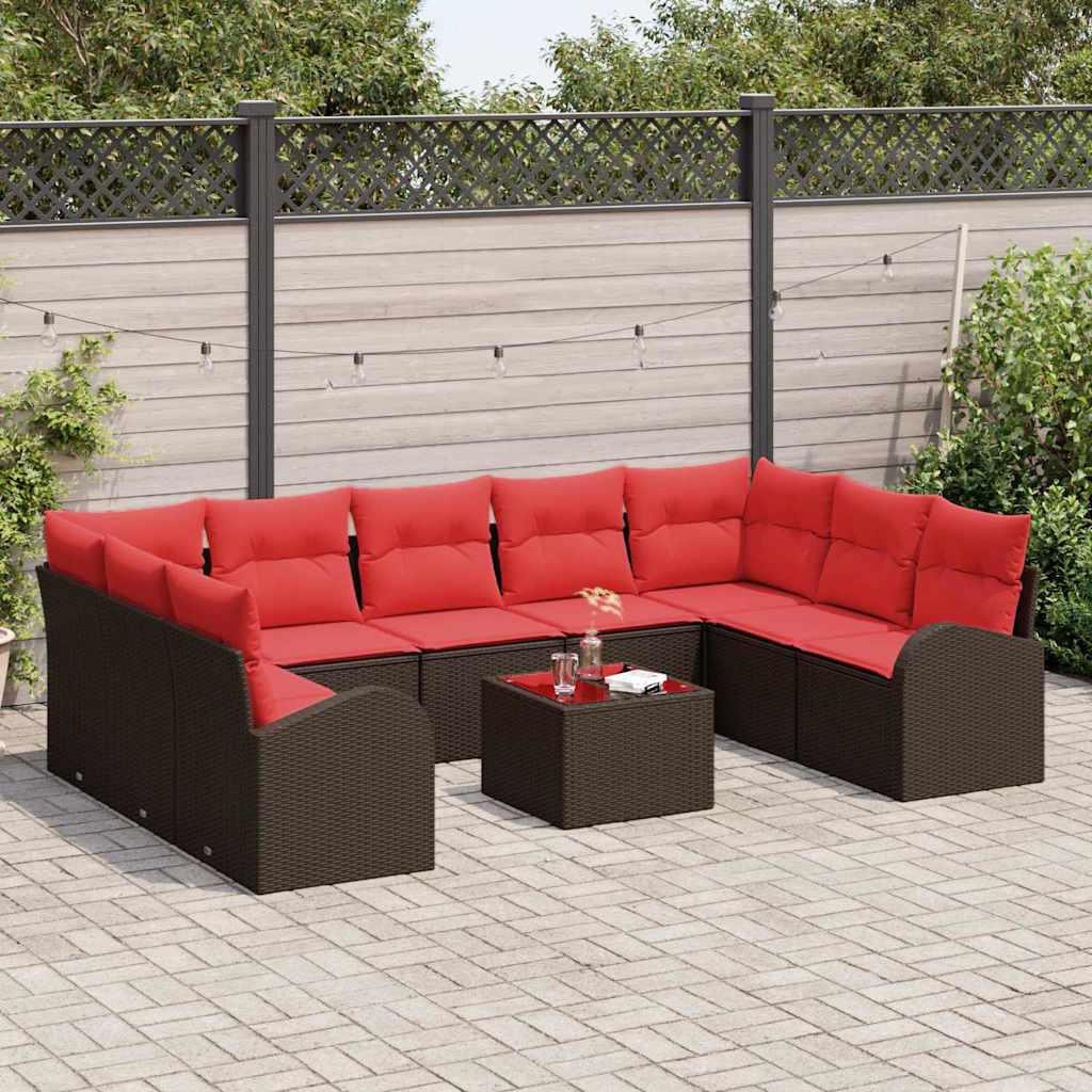 Tuinbankenset 10 st Bruin en Rood poly rattan
