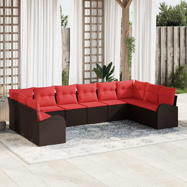 Tuinbankenset 10 st Bruin en Rood poly rattan
